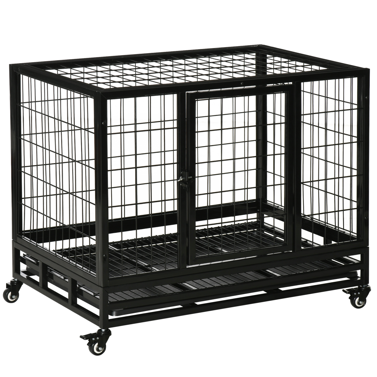 Dog Cage Metal Heavy Duty with Wheels and Crate Tray Black M L