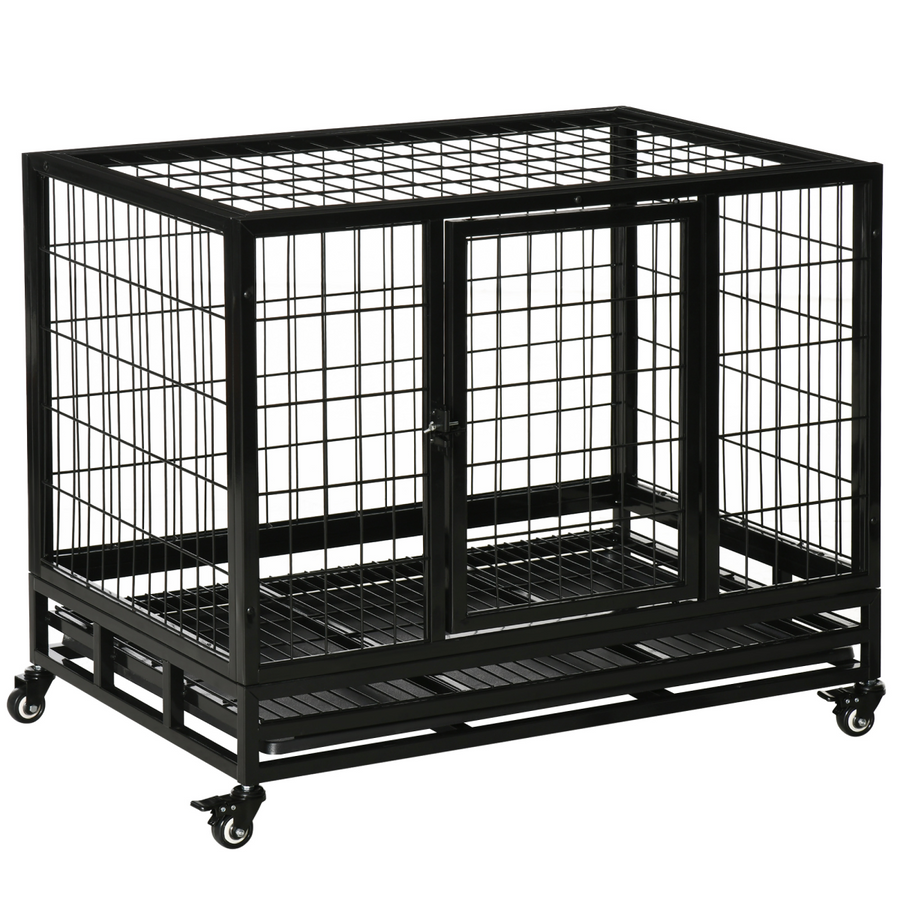 Dog Cage Metal Heavy Duty with Wheels and Crate Tray Black M L