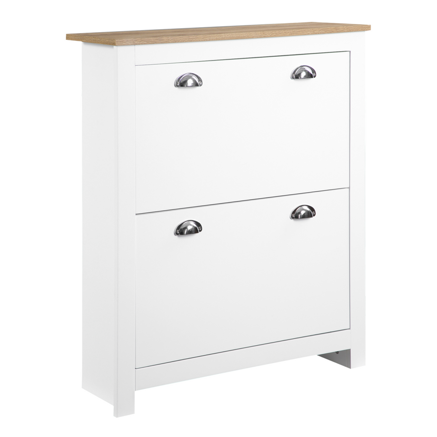 2 Drawer Narrow Shoe Cabinet with Flip Doors, White
