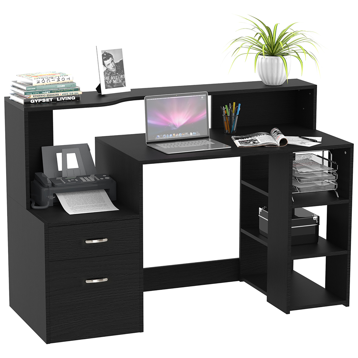 Multi-Storage Workstation Desk Table with Shelves, Cabinet and Printer Space, Black