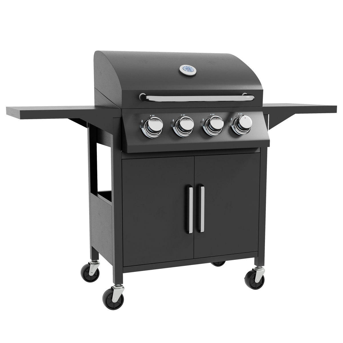 Outsunny 4 Burner Gas Grill Portable BBQ Trolley with 4 Wheels and Side Shelves