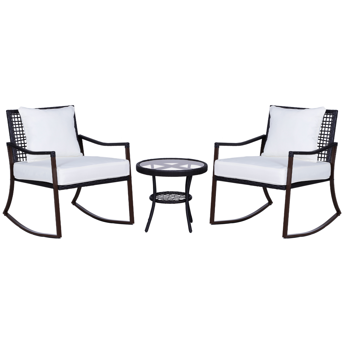3 Piece Rocking Chair Bistro Set, Brown/Cream White