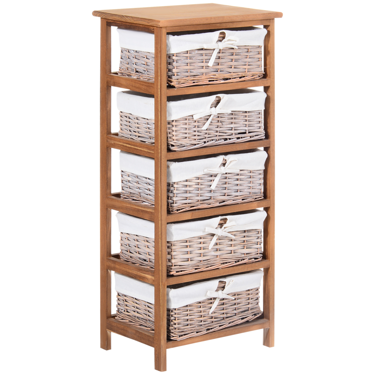 5-Drawer Wooden Storage Unit with Wicker Woven Baskets