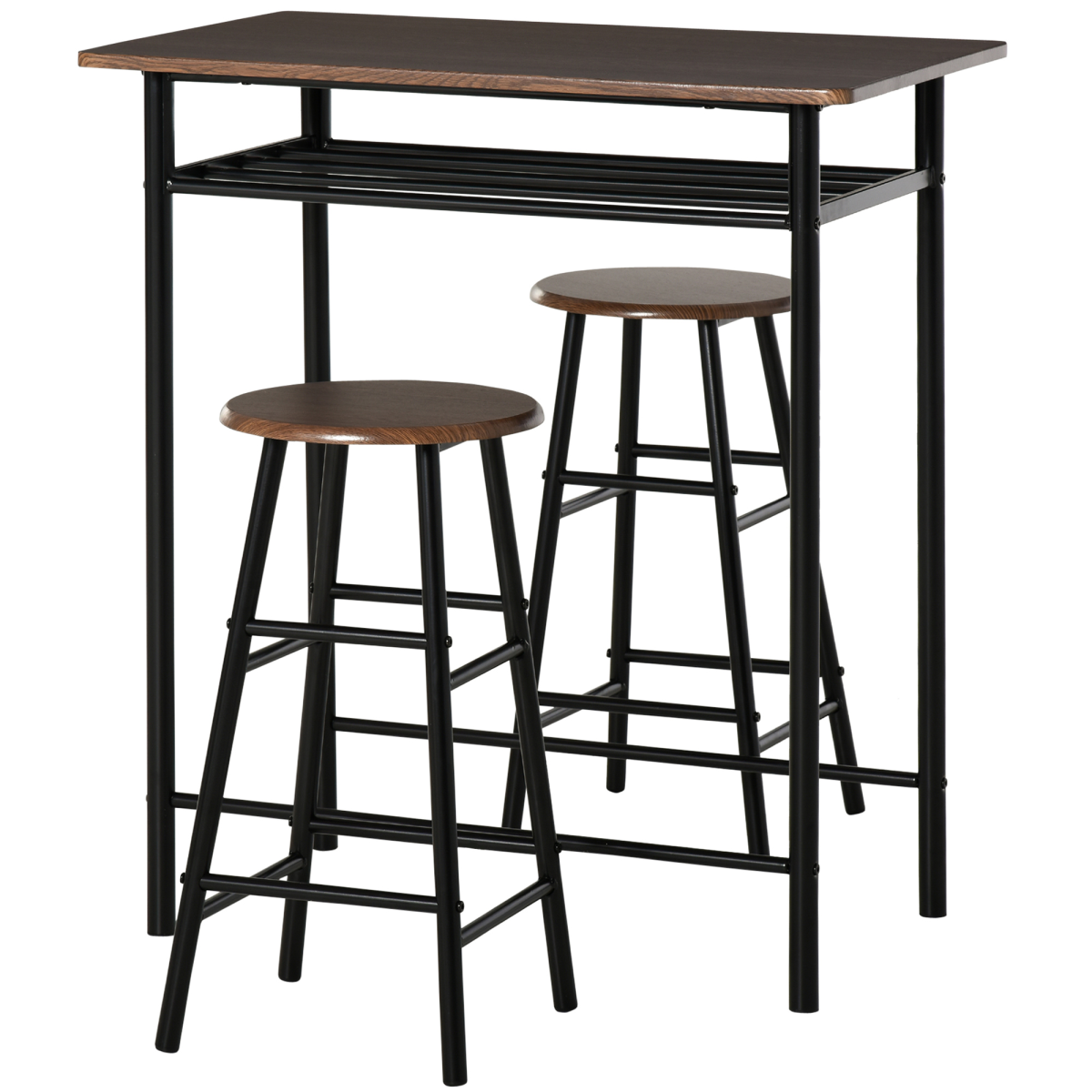 Bar Set with 1 Bar Table and 2 Stools, Metal Frame, Black and Oak