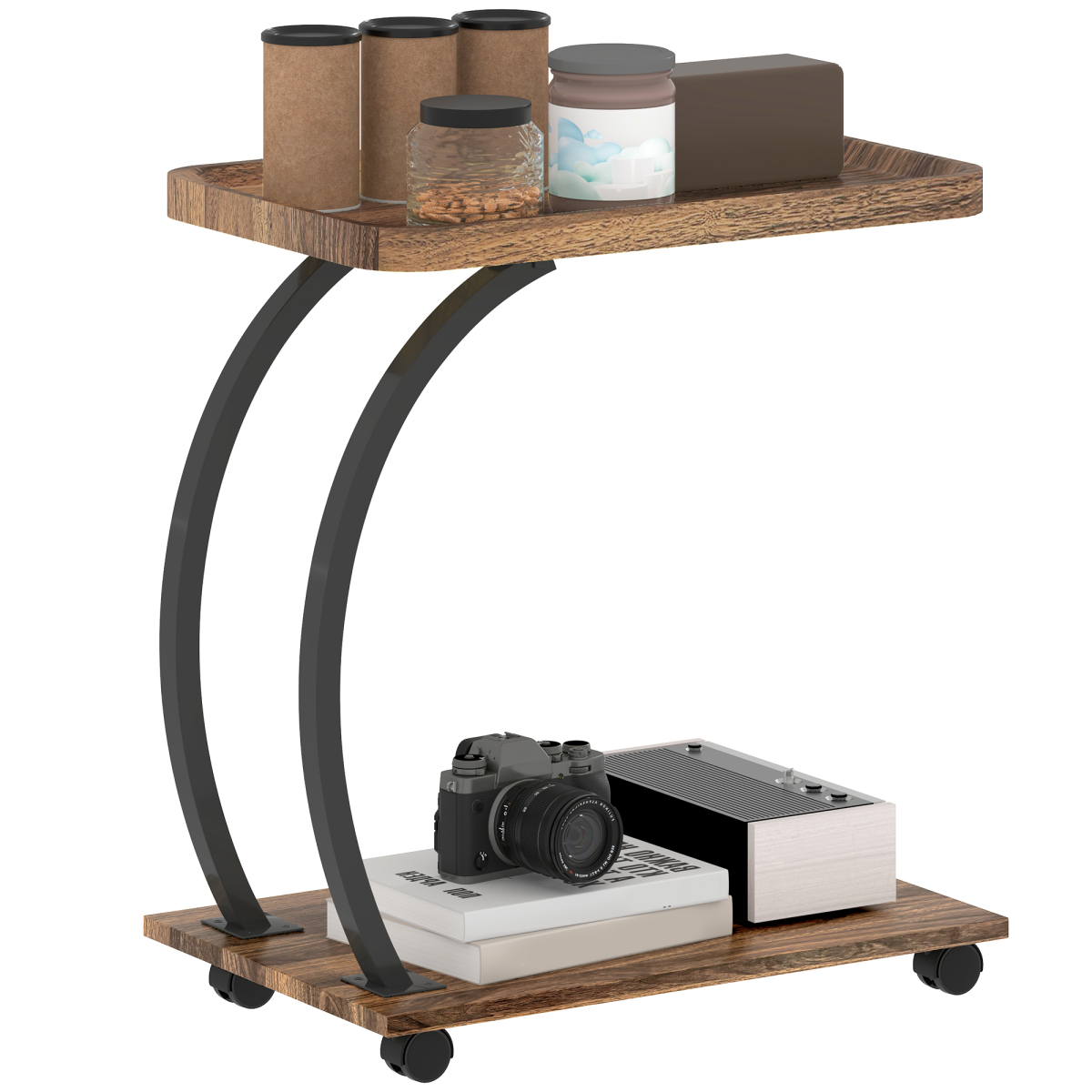 HOMCOM C Shaped Side Table with Storage & Wheels
