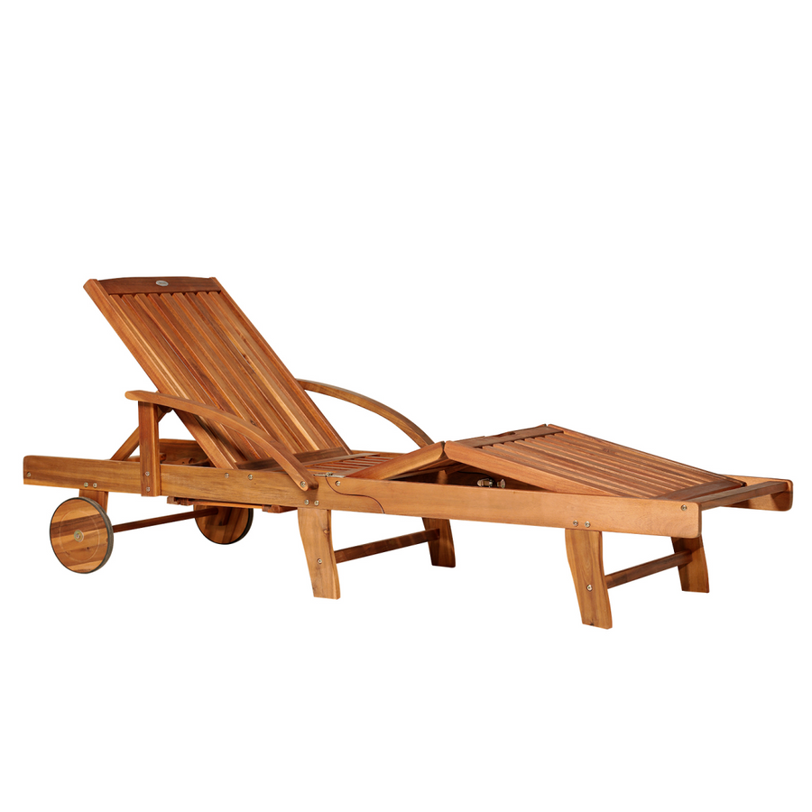 Garden Wood Sun Bed Lounger Chaise Recliner with Adjustable Back, Footrest and Wheels
