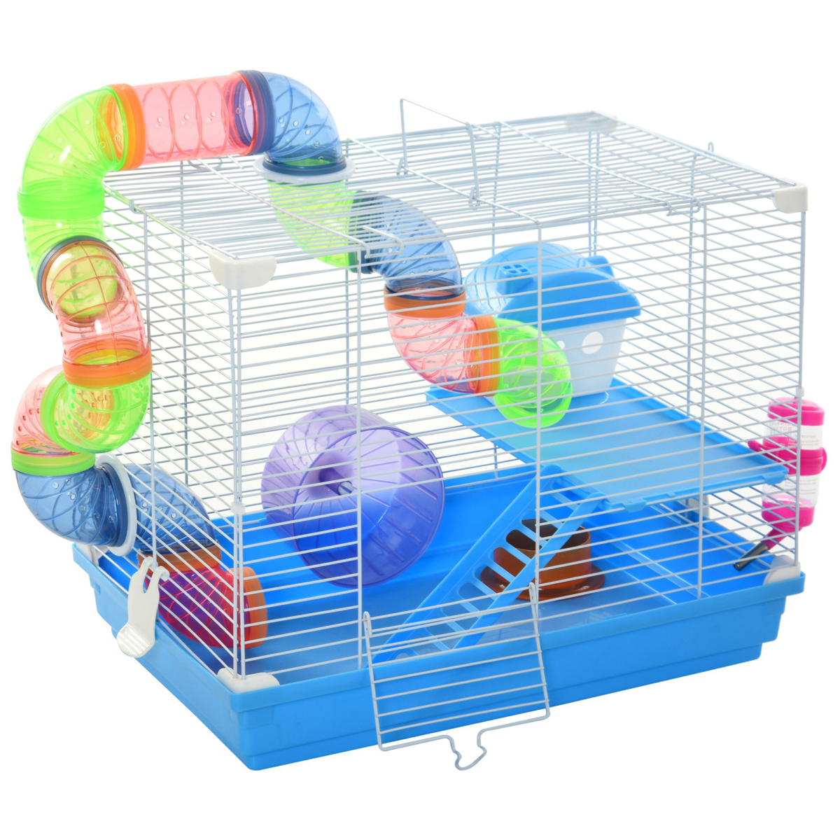 Hamster Cage Carrier Small Animal House with Exercise Wheels, Tunnel Tube, Pawhut