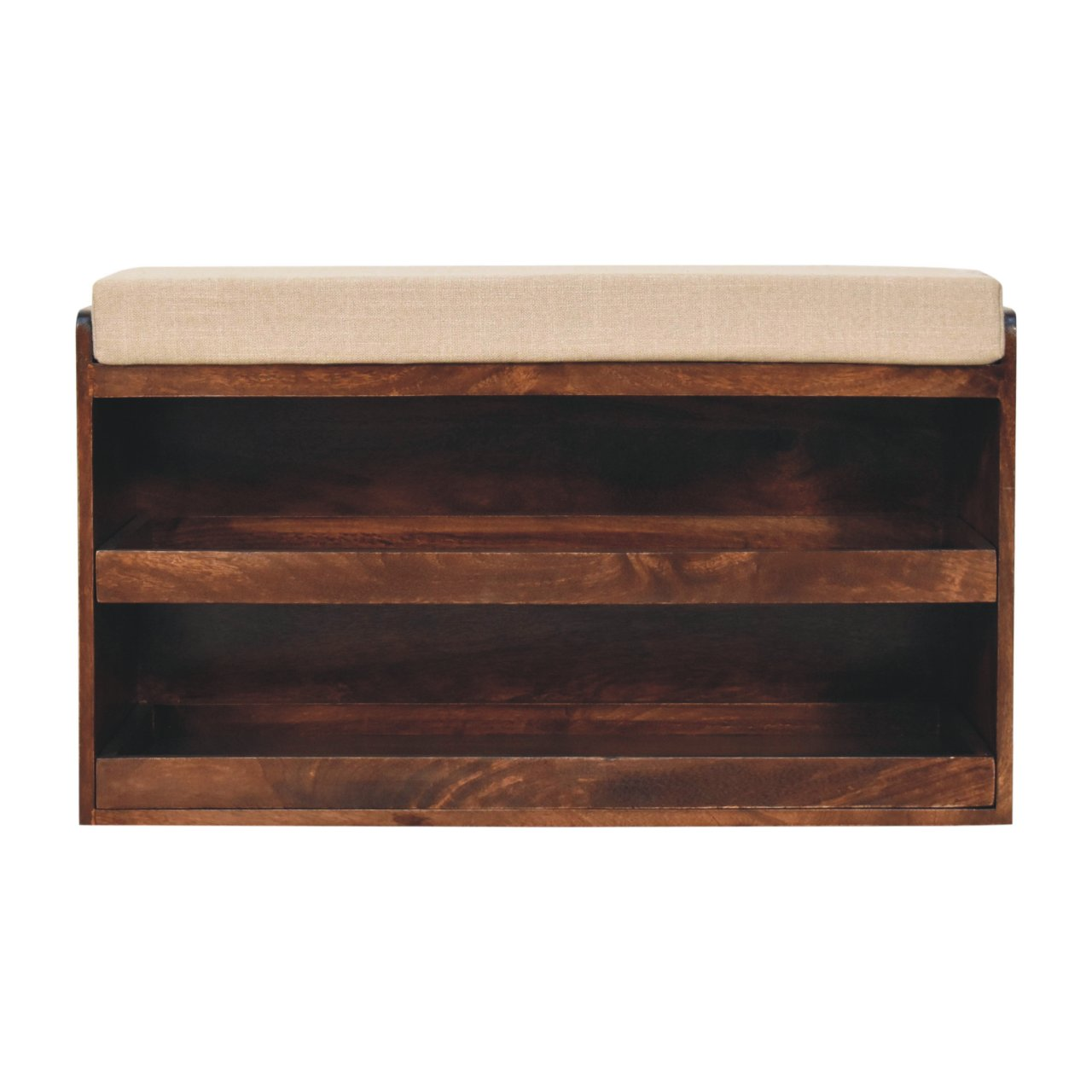 Artisan Furniture Solid Wood California Walnut & Mud Linen Pull Out Shoe Bench, Upholstered, 2 Shelves, Brown