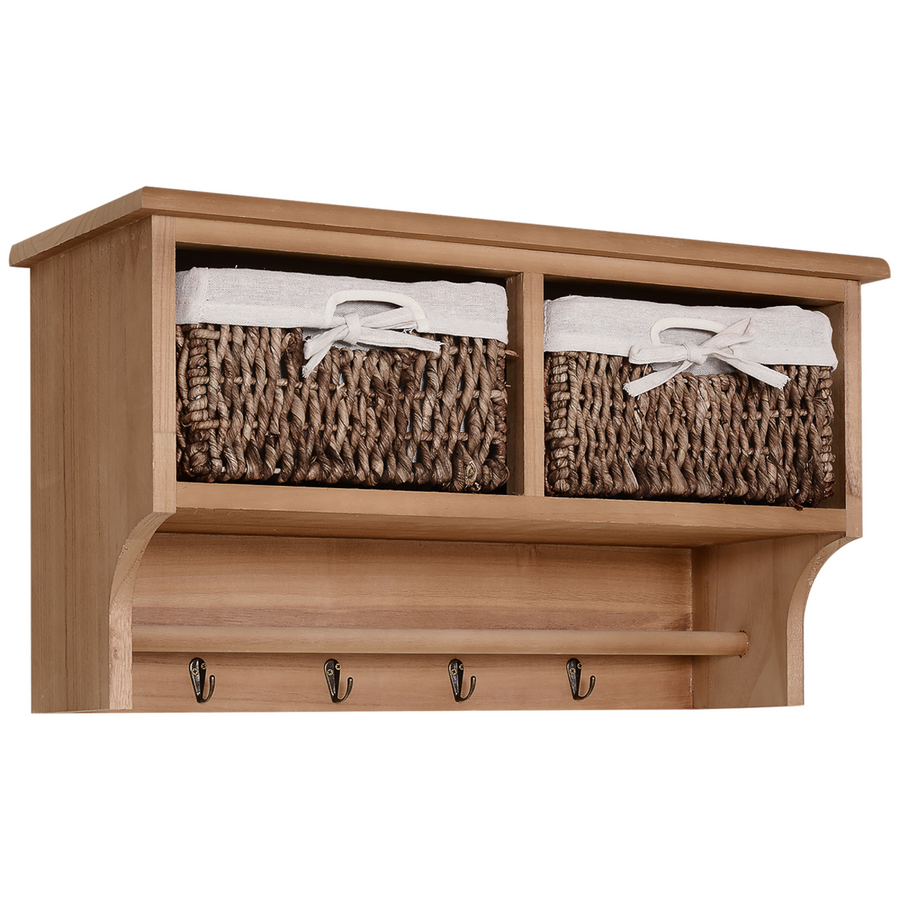 HOMCOM Entryway Coat Rack Wall Mounted Shelf with Hooks and 2 Baskets Brown