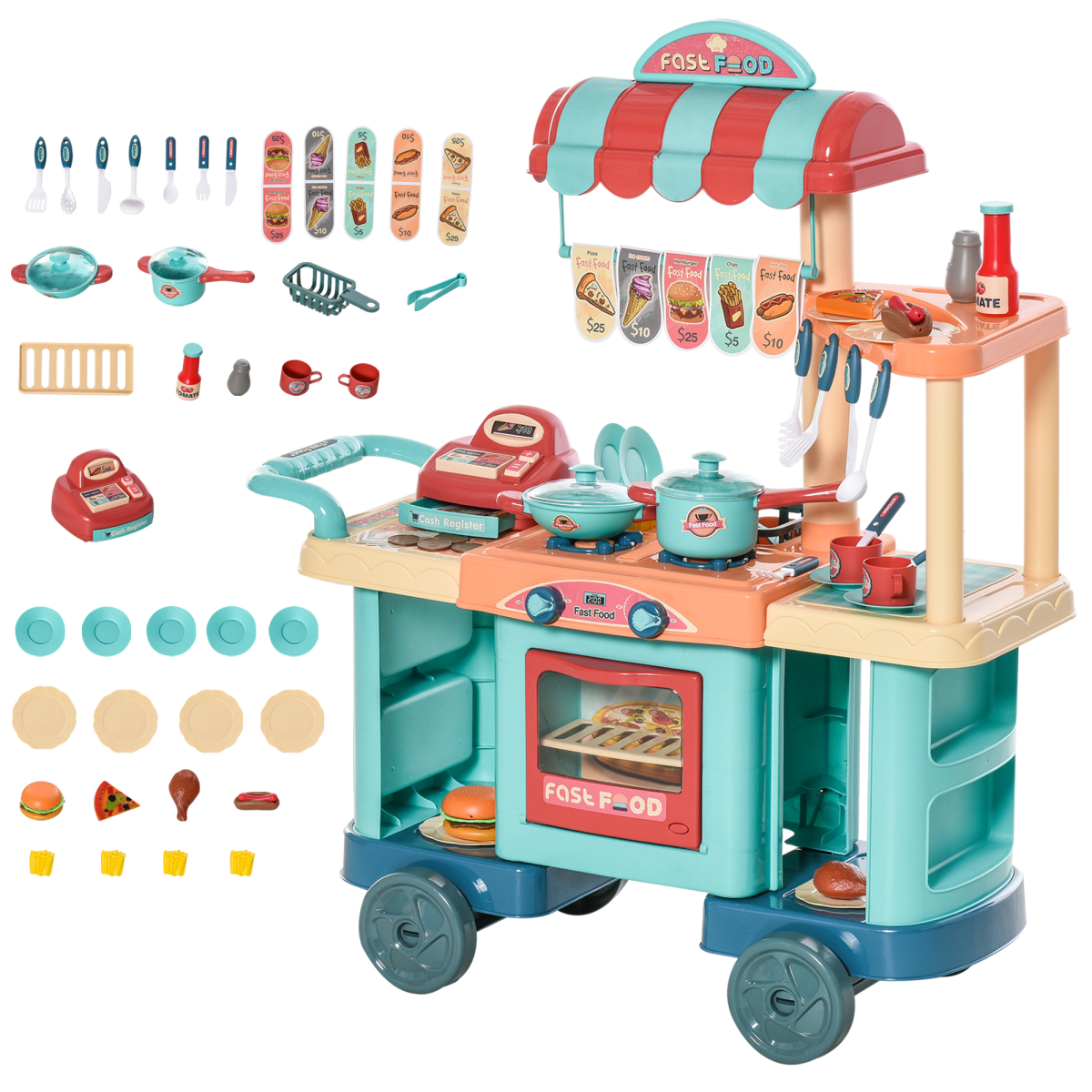 50 Piece Kids Kitchen Play Set Pretend Trolley Cart Toys for Ages 3-6