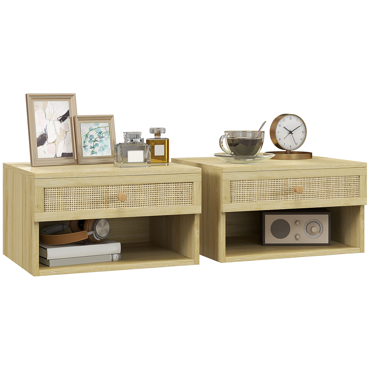 Set of 2 Floating Nightstands with Rattan Drawer and Storage Shelf