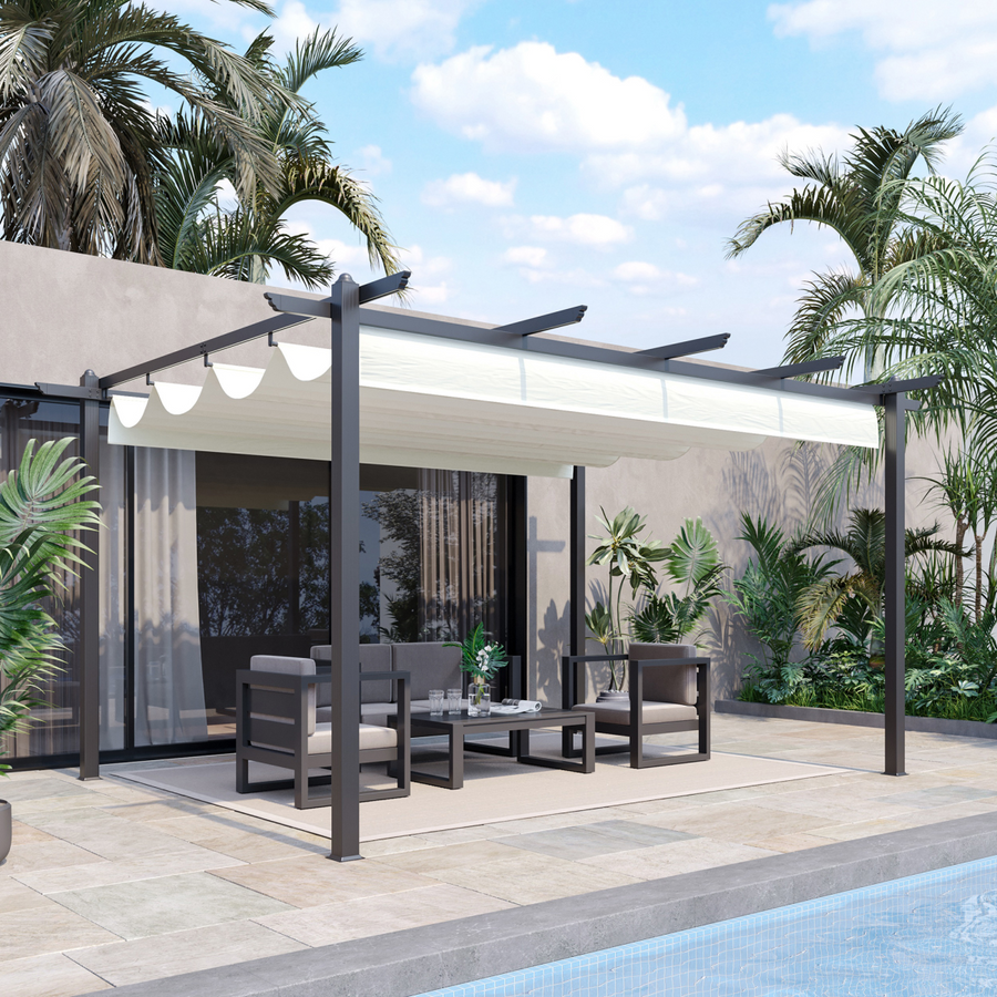 4 x 3m Aluminum Pergola Gazebo Retractable Roof Canopy, Cream White