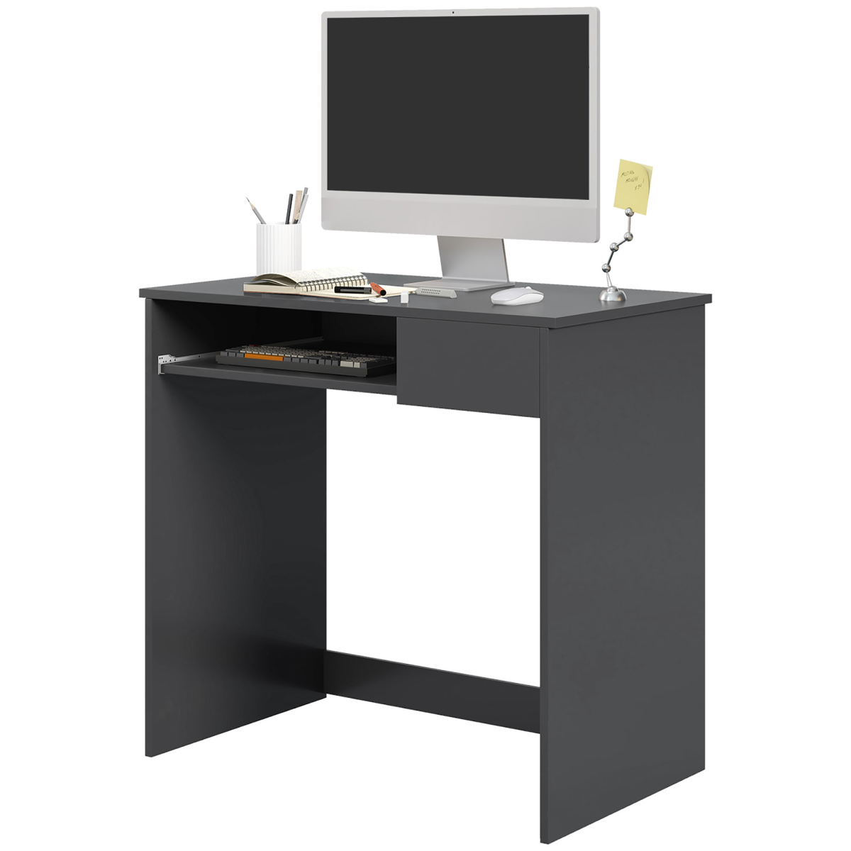 HOMCOM Compact Computer Table with Keyboard Tray and Drawer, Grey