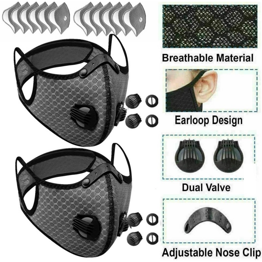 （2 Pack）Reusable Half Face Cover Mask w/ Filter Cycling Outdoor Sport Face Mask Grey