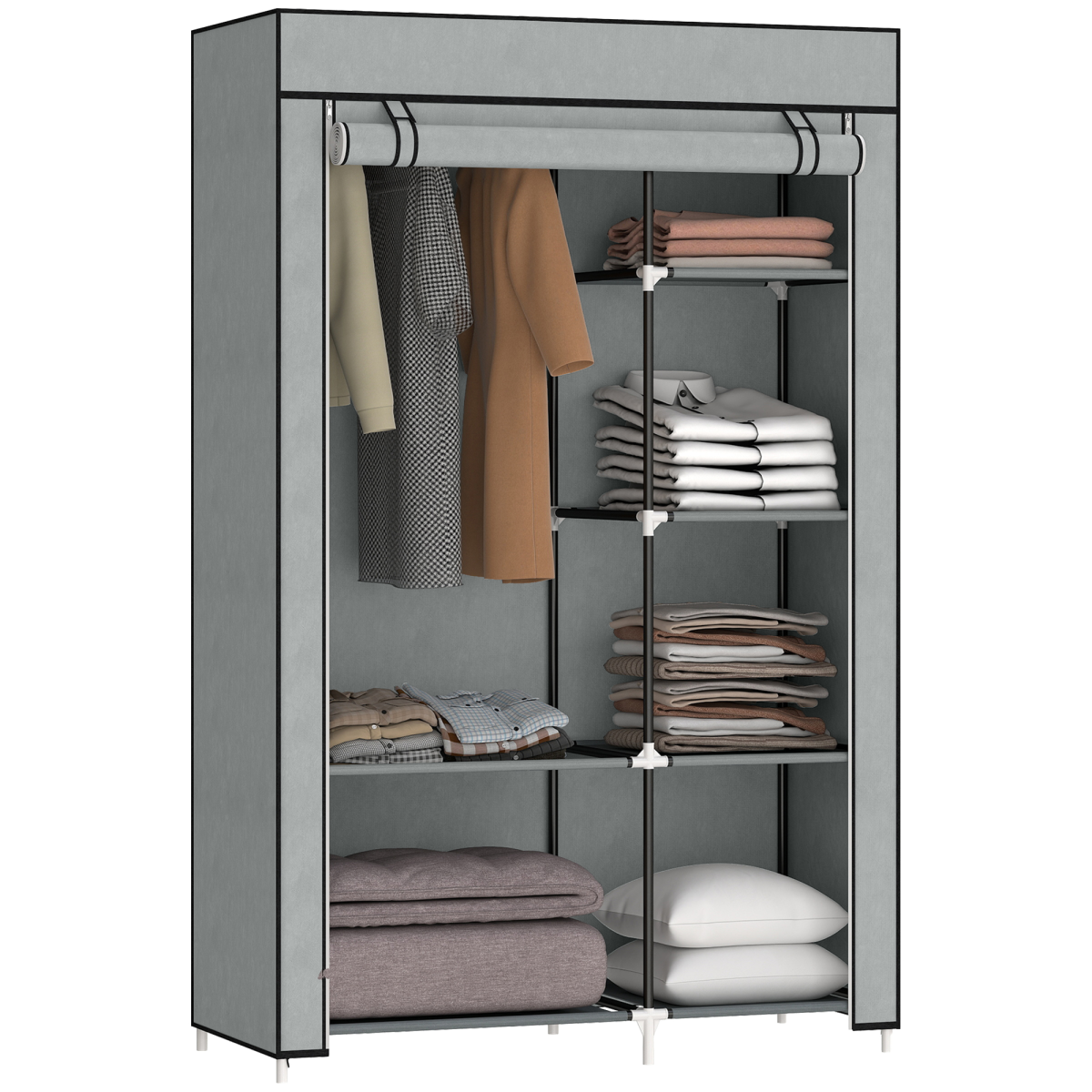 Fabric Wardrobe Portable Wardrobe with 6 Shelves and 1 Hanging Rail Light Grey