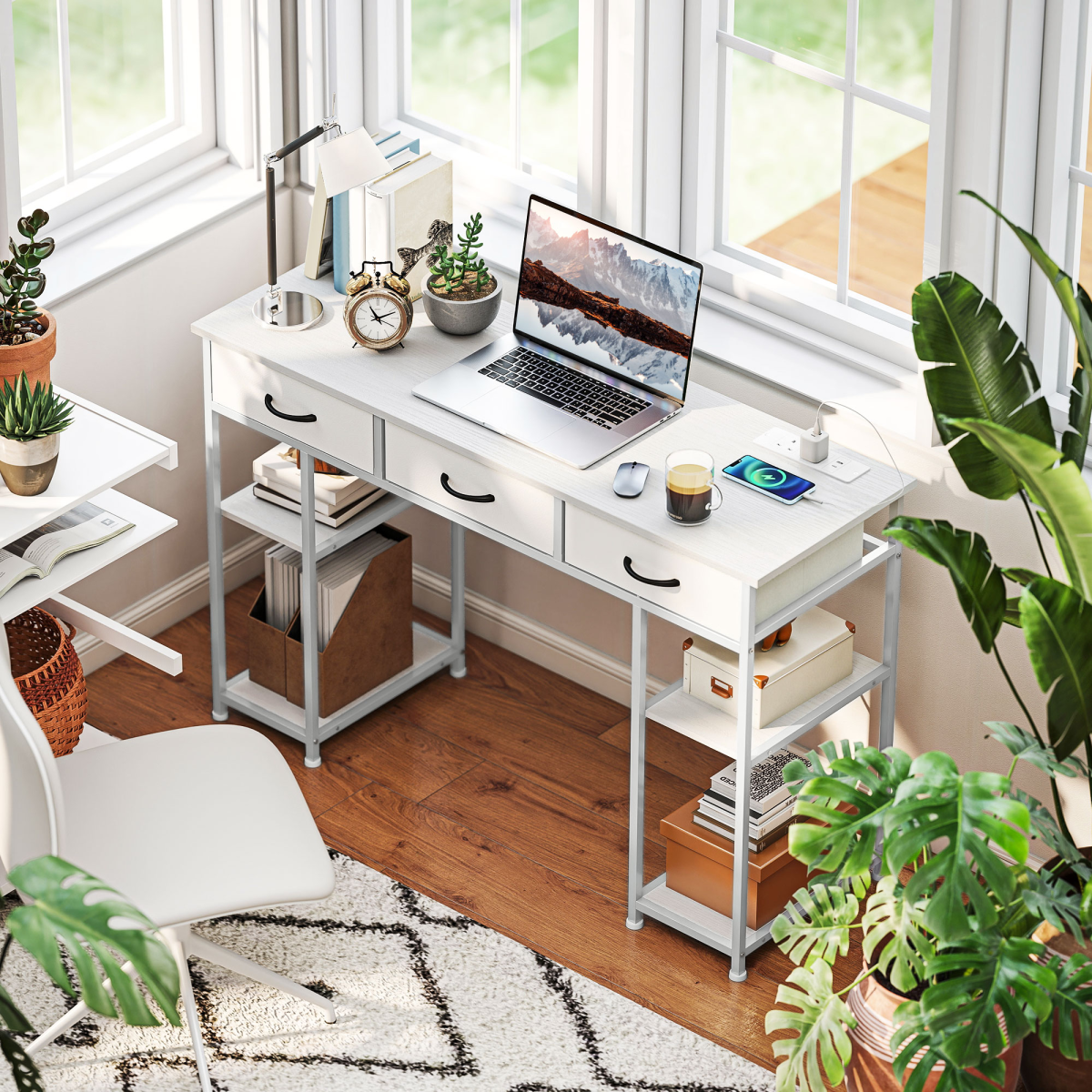 Computer Desk with Charging Station, 3 Fabric Drawers and 4 Shelves