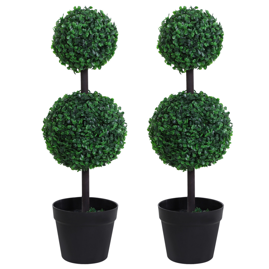 Outsunny Set of 2 Artificial Boxwood Double-Ball Topiary Plants, Green