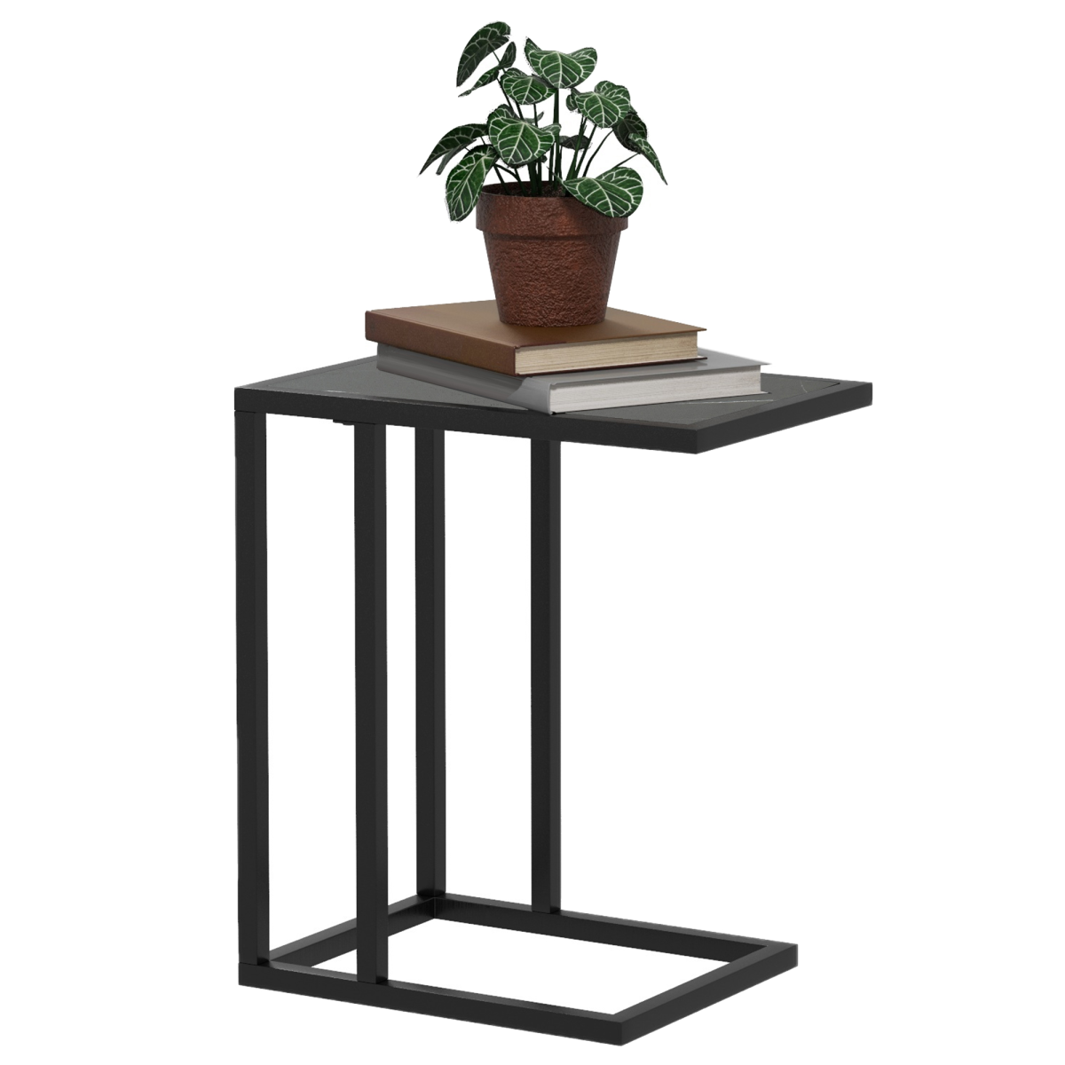 C Shape Side Table Marble-Effect Top Metal Frame