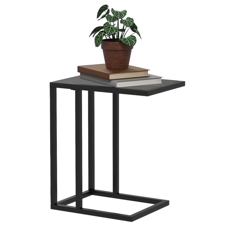 C Shape Side Table Marble-Effect Top Metal Frame