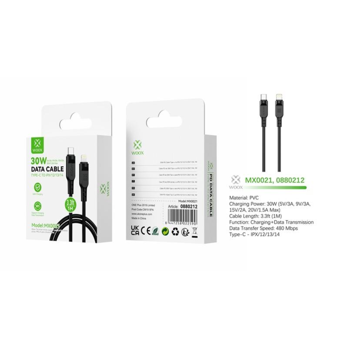 Woox Type C to Lightning PVC Data Cable, 30W, 9.8ft 3m, Black
