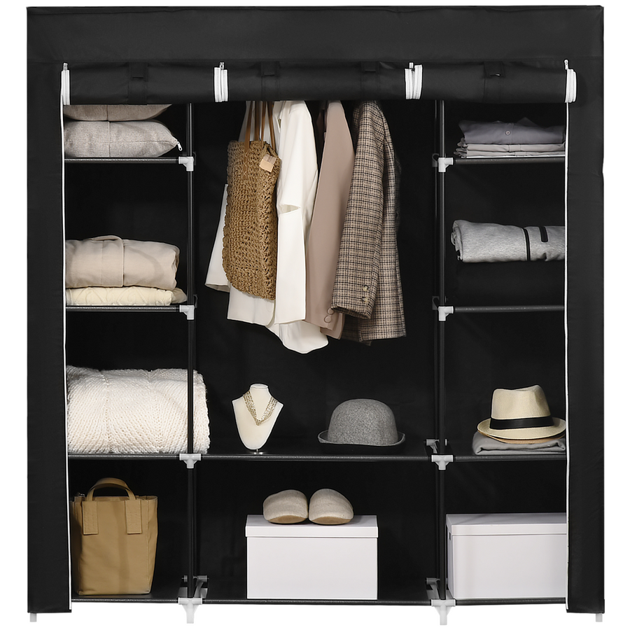 Fabric Wardrobe Portable Wardrobe with 10 Shelves and 1 Hanging Rail, Black