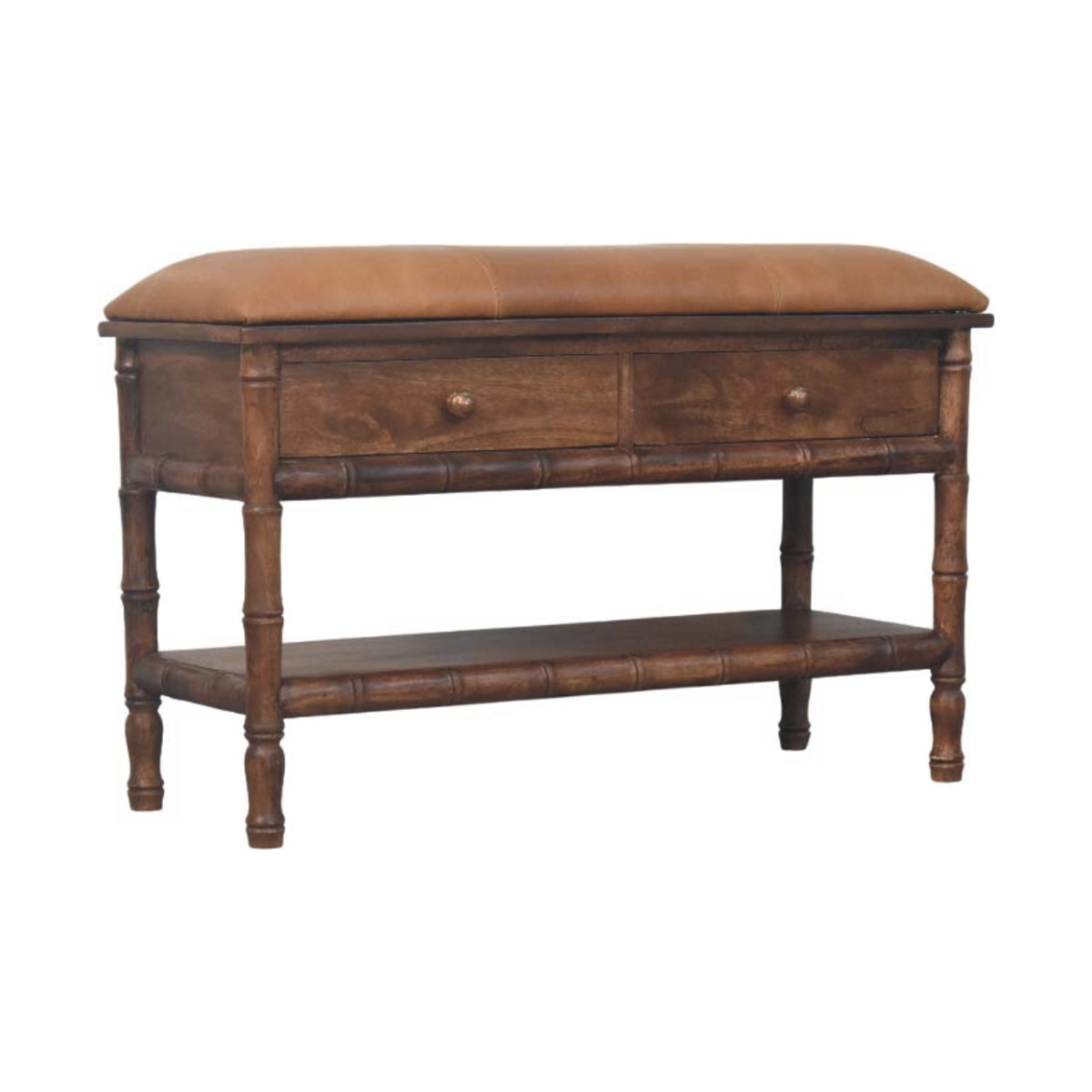 Artisan Furniture Bamboo Carved Storage Bench, 2 Drawers, 1 Shelf, Brown