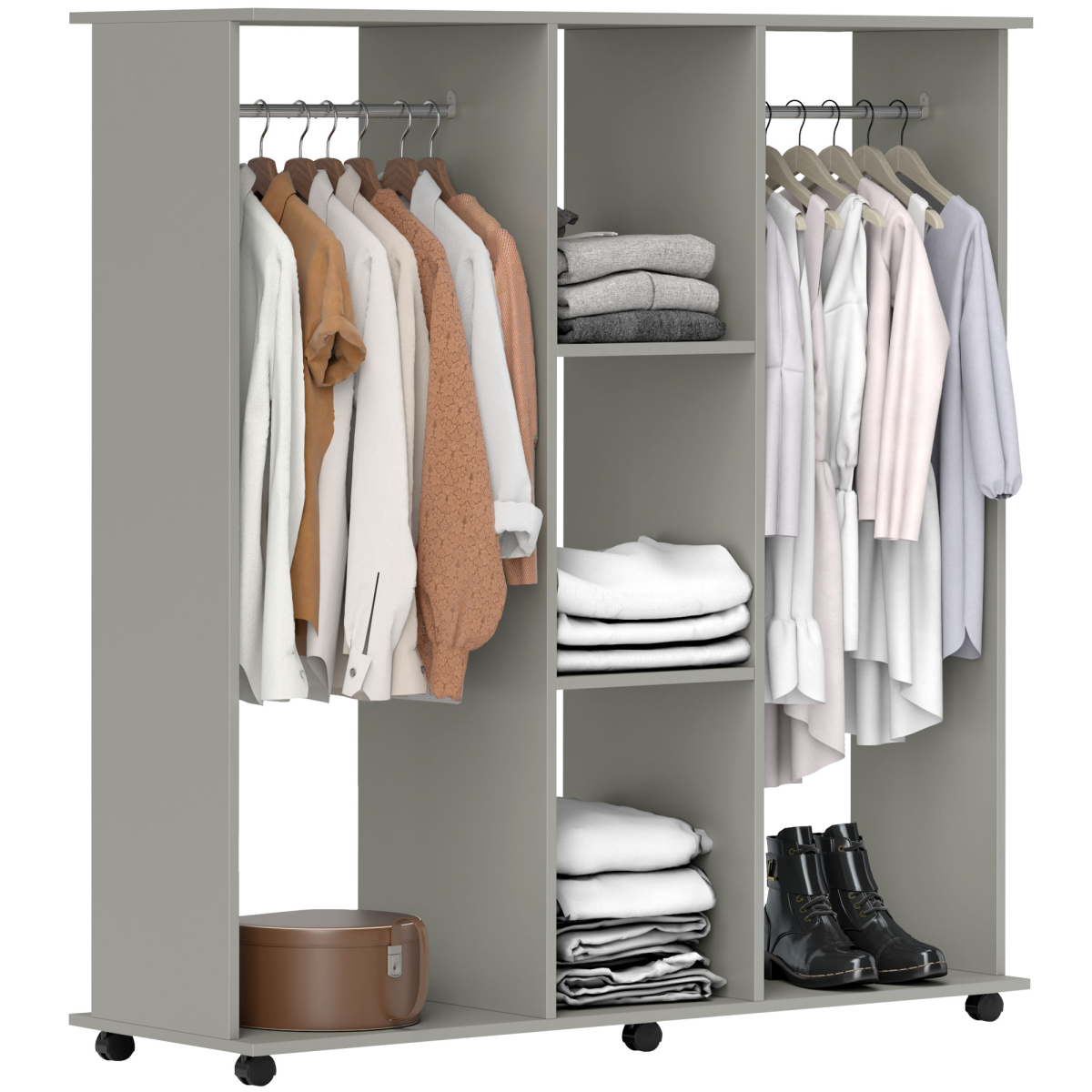 HOMCOM Mobile Double Open Wardrobe with Clothes Hanging Rail, Grey