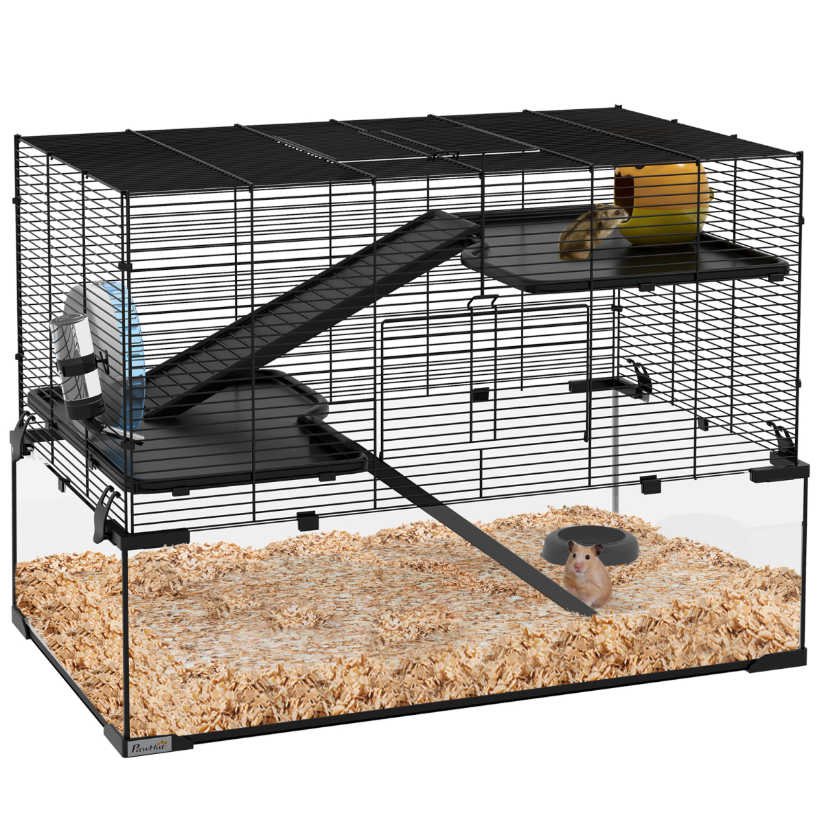 3 Tiers Hamster Cage with Deep Glass Bottom, Dish, Hut, 78.5 x 48.5 x 57cm