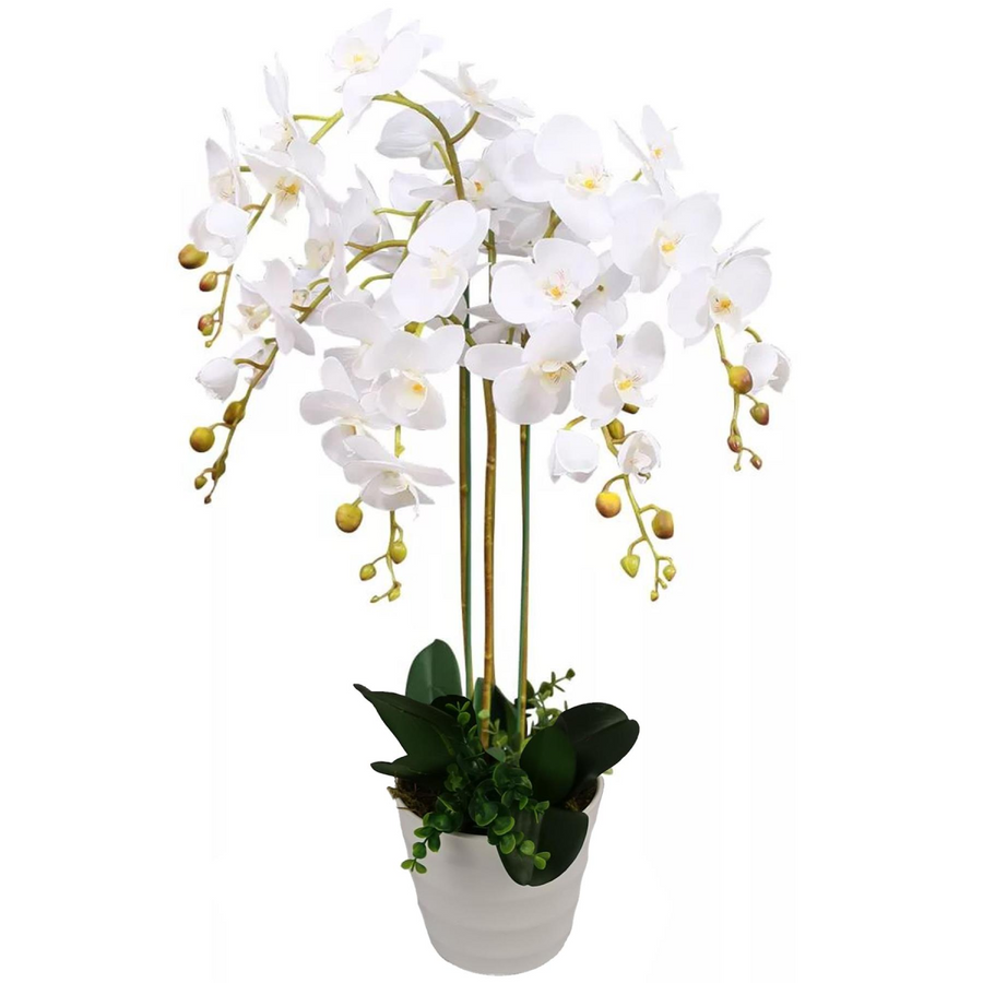 85cm Artificial Deluxe Bush Orchid with White Flowers and White Pot