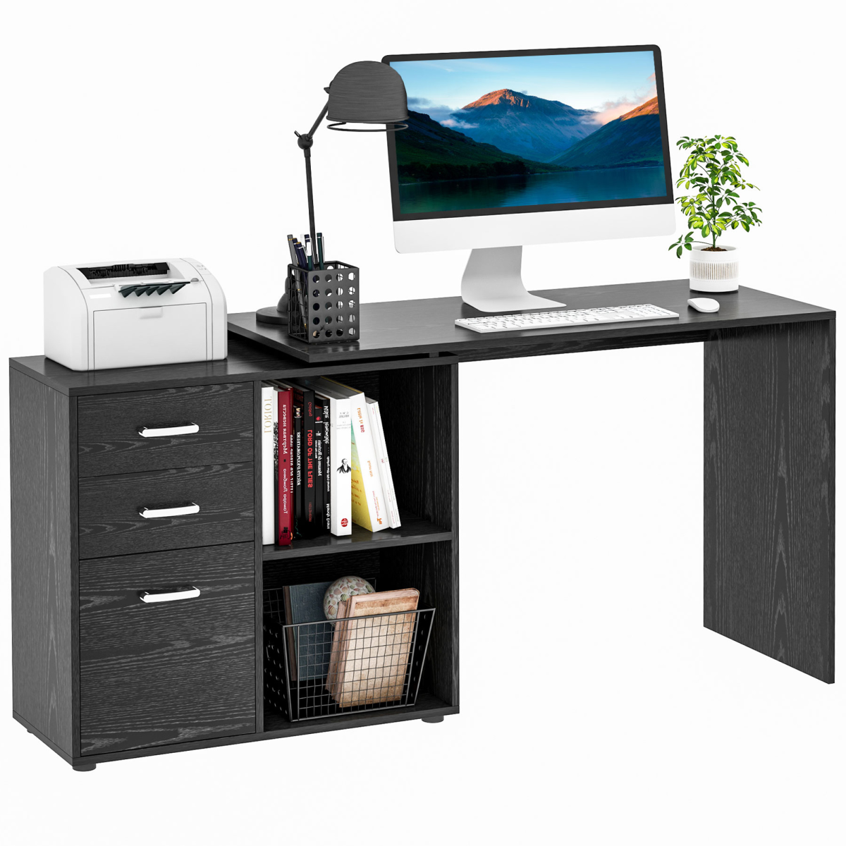 L Shape Computer Desk Workstation with Drawer Shelf and File Cabinet - Black