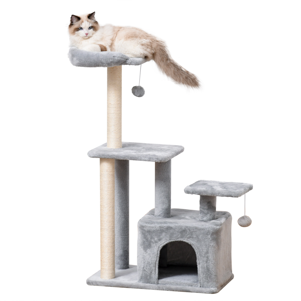 Cat Tree Tower with Scratching Posts, Sisal Hanging Ball, Condo, 60 x 40 x 114cm