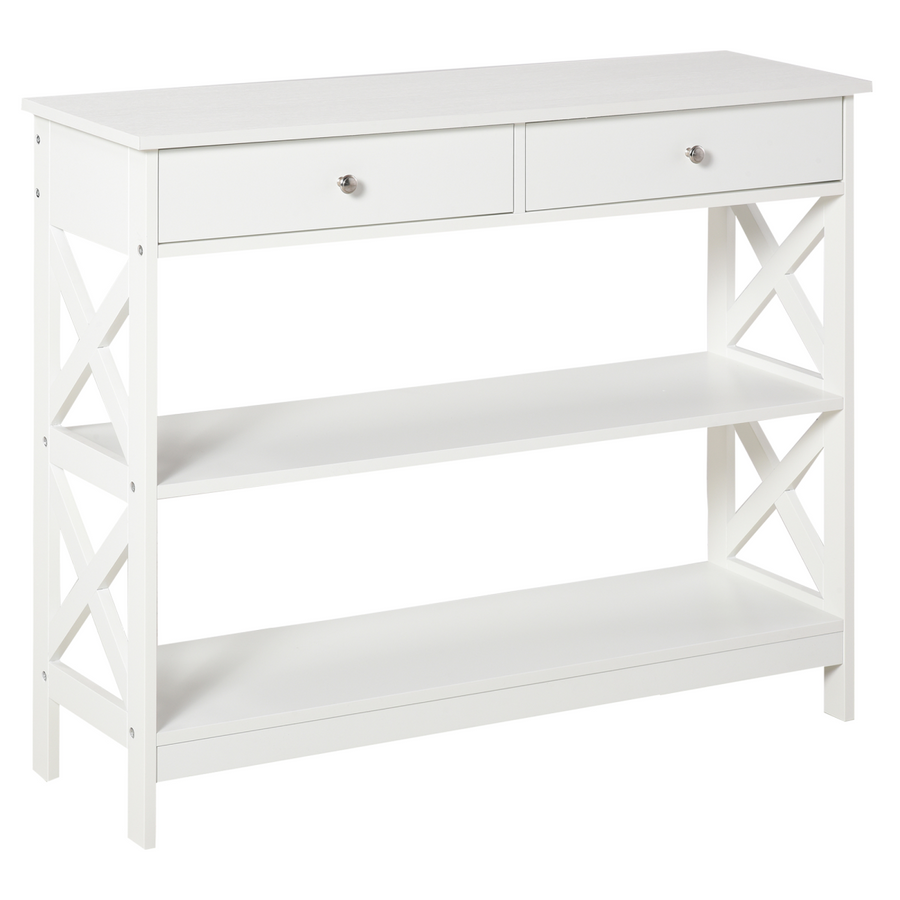 Console Table Side Desk with Shelves and Drawers, White