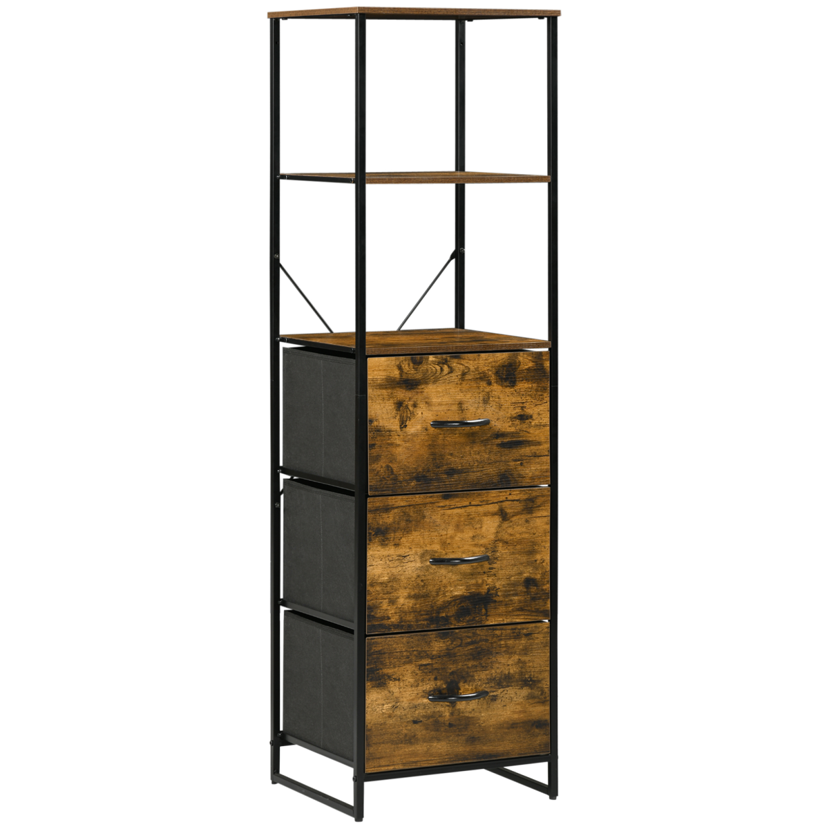 HOMCOM Industrial Storage Cabinet with 2 Shelves and 3 Fabric Drawers, Rustic Brown
