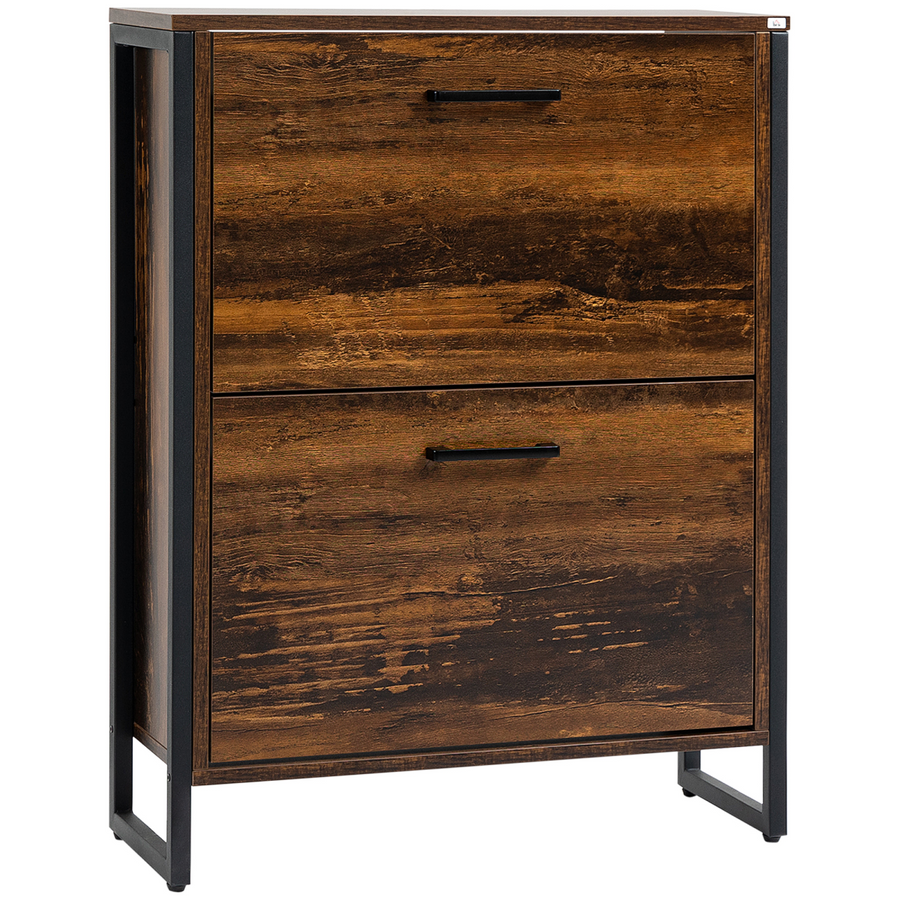 HOMCOM 2 Flip Door Shoe Cabinet with Divider for Entryway, Rustic Brown