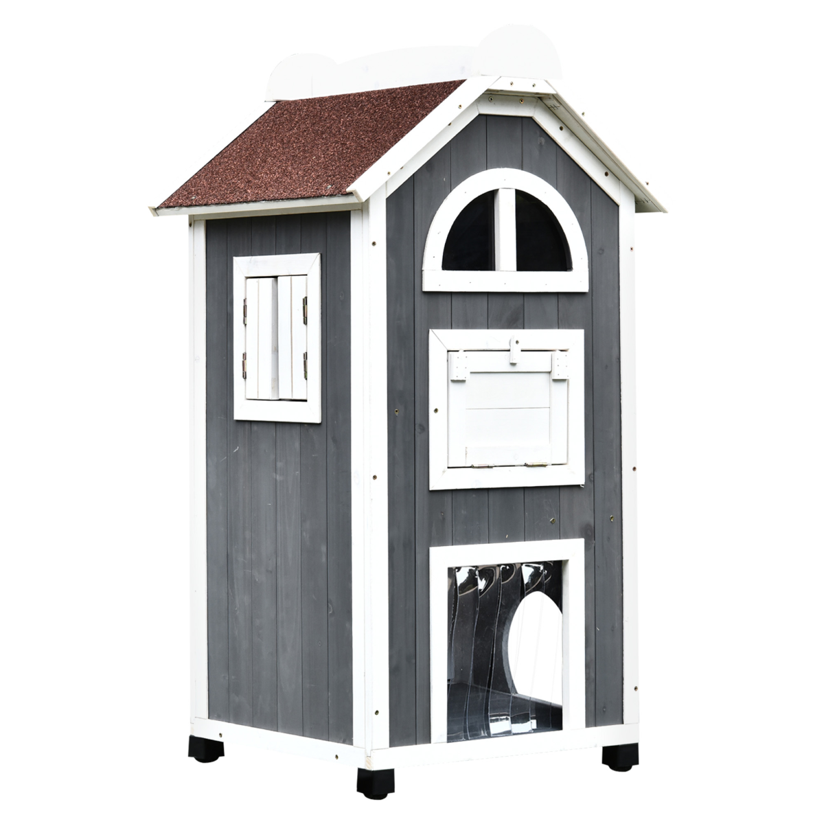 Solid Wood Cat Condo Furniture 2-Floor Pet Shelter, Grey and White, 109H cm
