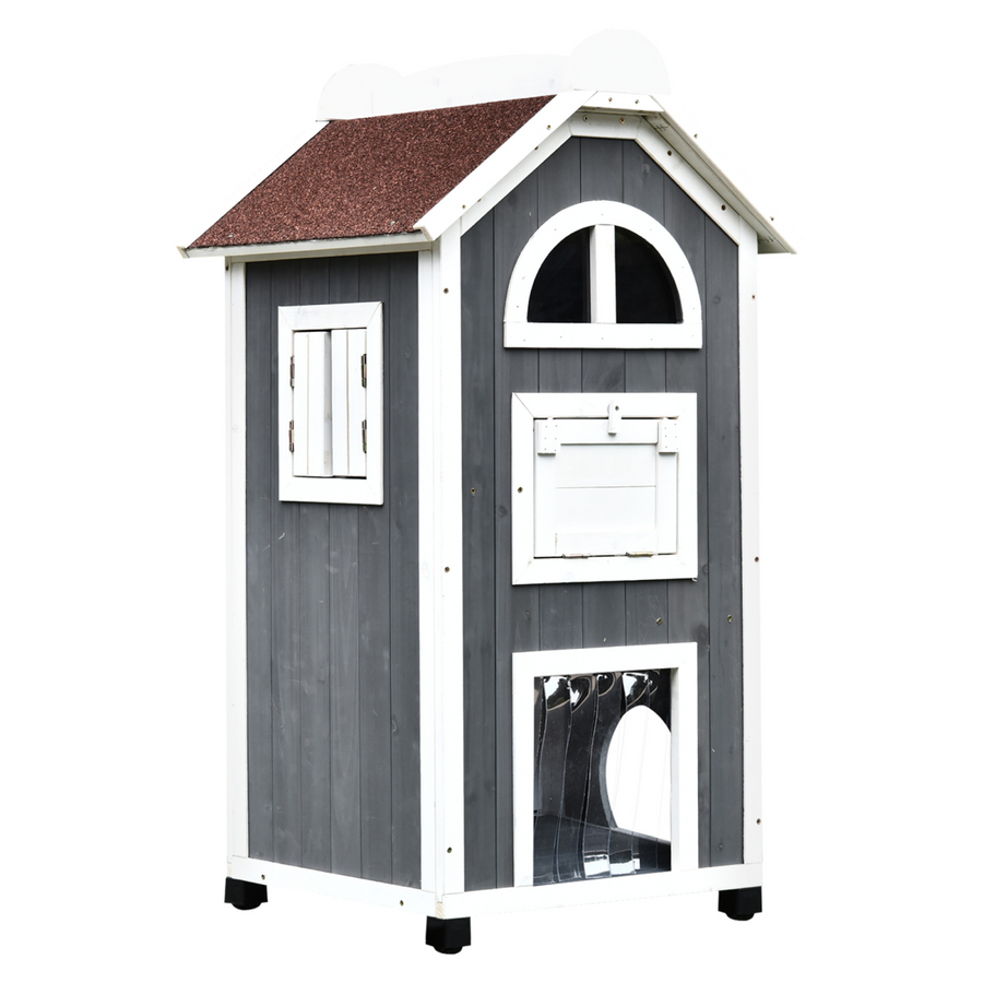 Solid Wood Cat Condo Furniture 2-Floor Pet Shelter, Grey and White, 109H cm