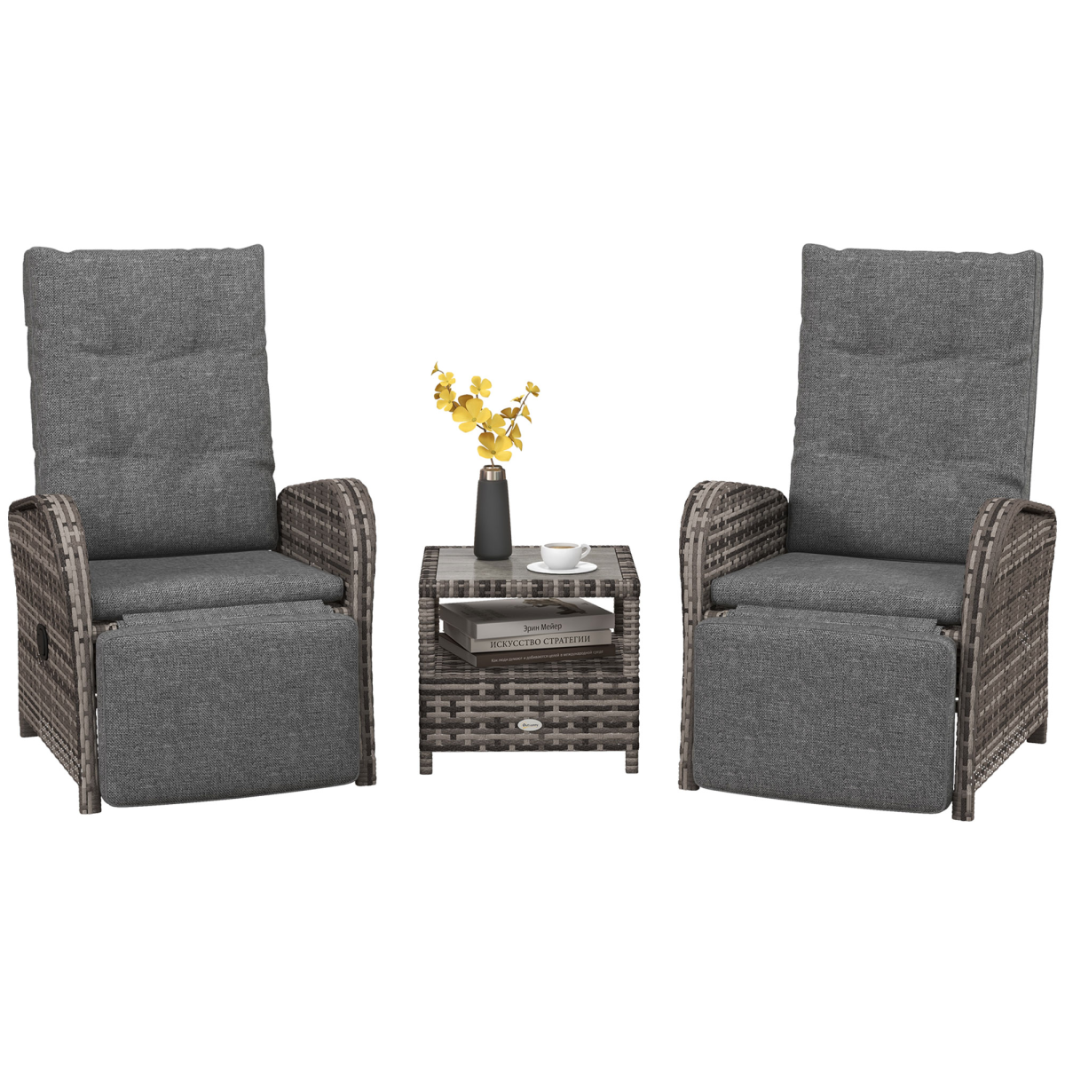 Outsunny 3 Piece Rattan Chaise Lounge Sofa Set with Cushion