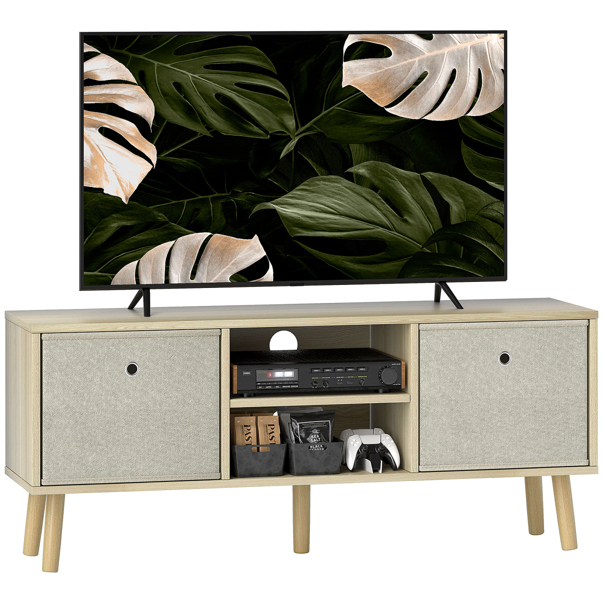 HOMCOM Modern TV Cabinet Stand with Shelves and Drawers, Natural Wood Finish