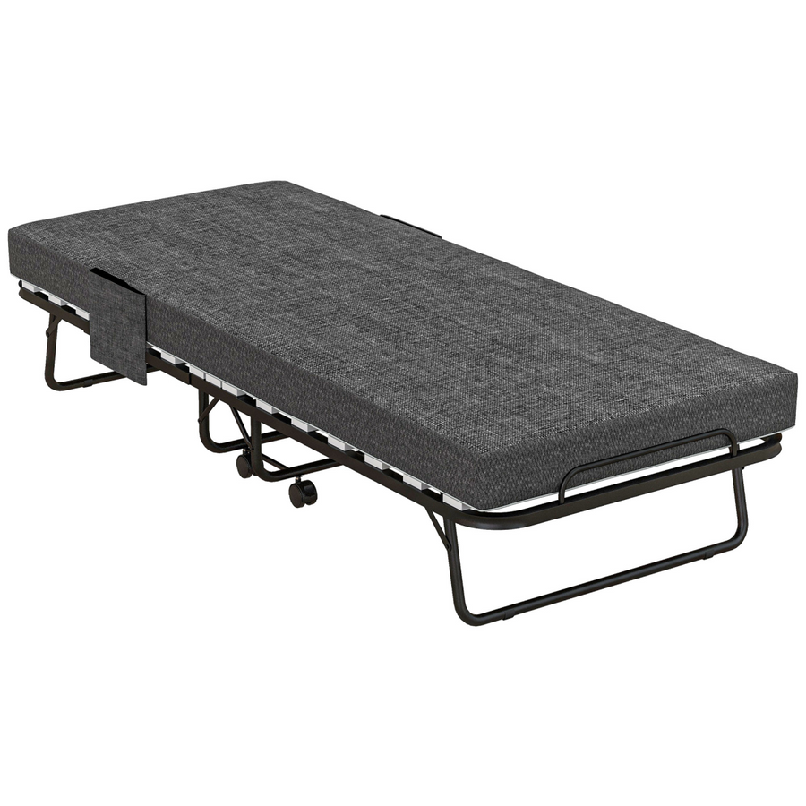 HOMCOM Folding Bed with Mattress, Foldable Guest Bed on Wheels, Dark Grey