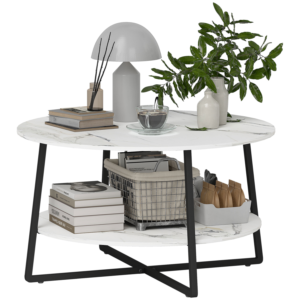 HOMCOM Round Coffee Table with Storage Shelf, Marble Effect Top, White