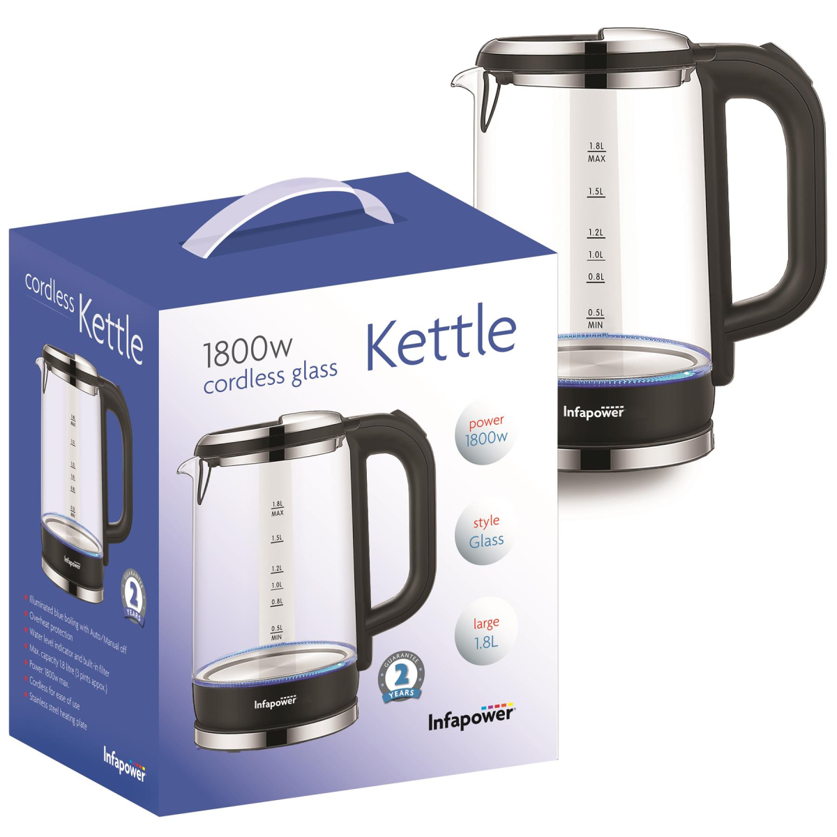 Infapower Glass 1800W 1.7L 360° Cordless Kettle X507
