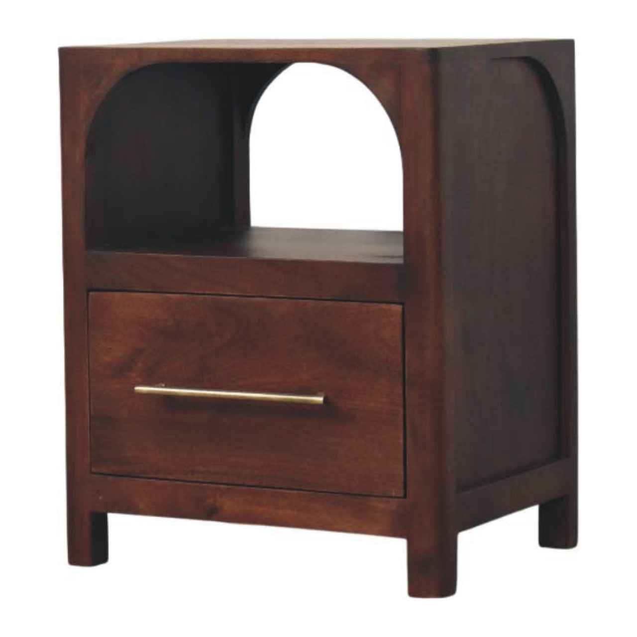 Artisan Furniture Solid Wood Arched Edge Bedside, 1 Drawer, 1 Open Slot, Brown