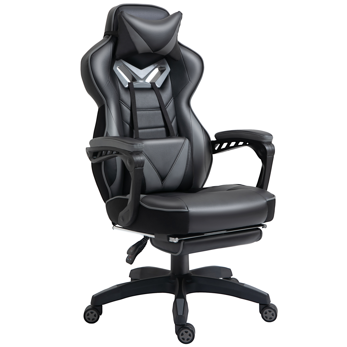 Gaming Chair Ergonomic Reclining with Manual Footrest, Wheels, Grey