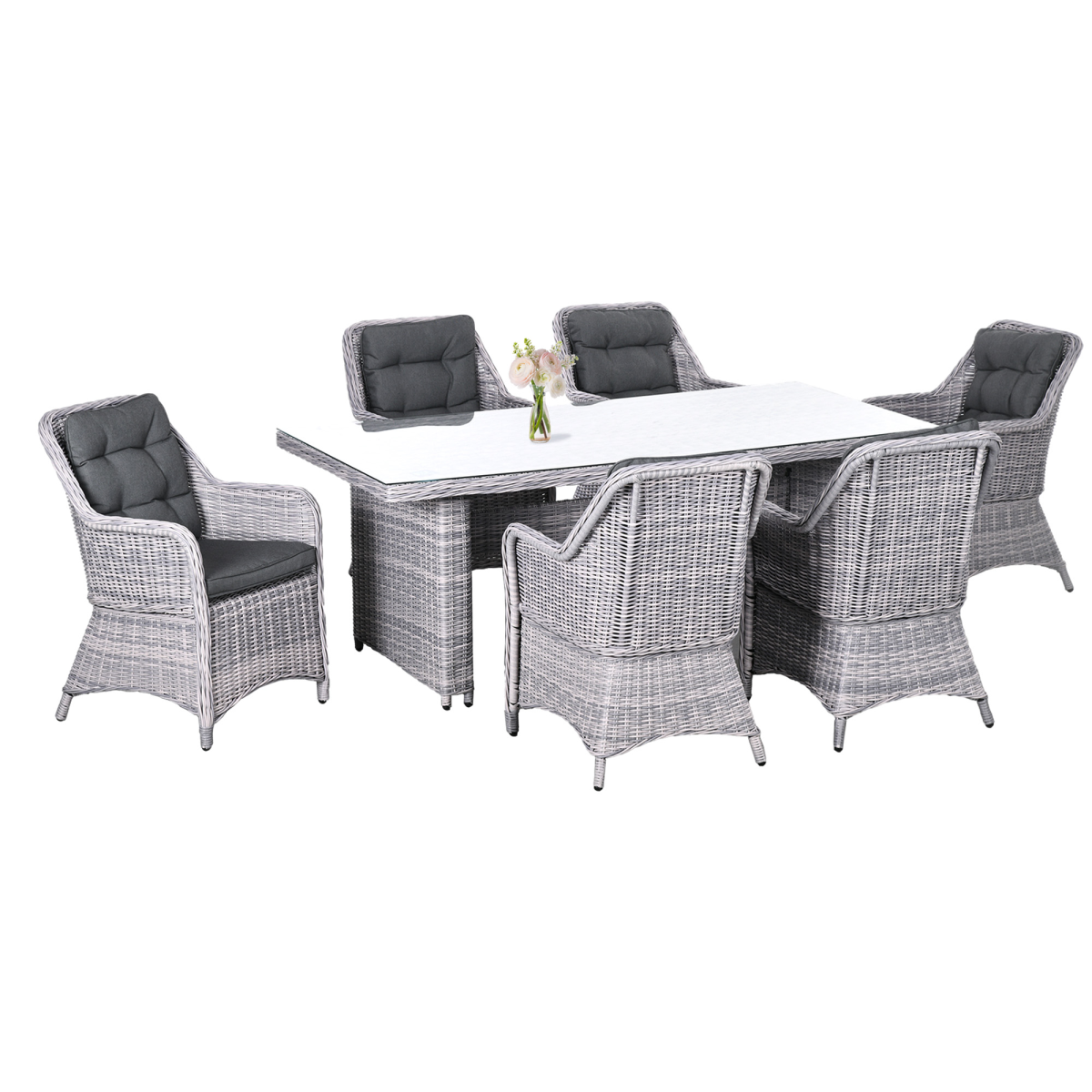 7-Piece Patio PE Rattan Wicker Dining Table Set with Tempered Glass