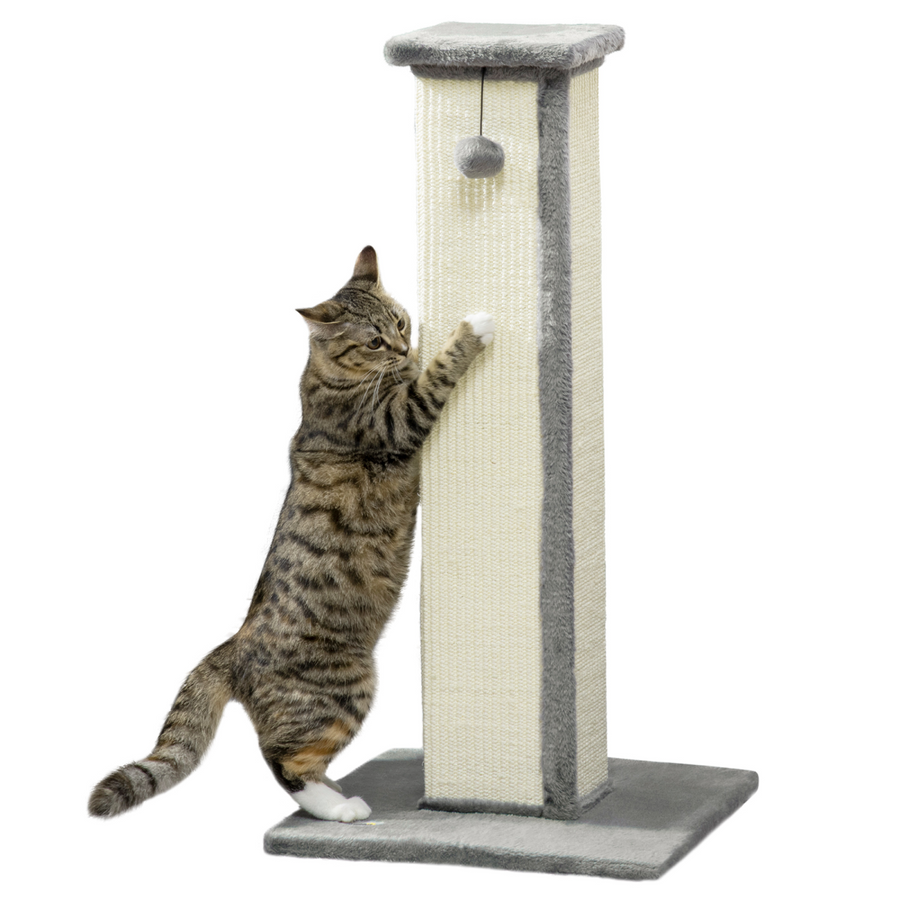 Cat Scratching Post 81cm w/ Natural Sisal Rope Hanging Ball Grey