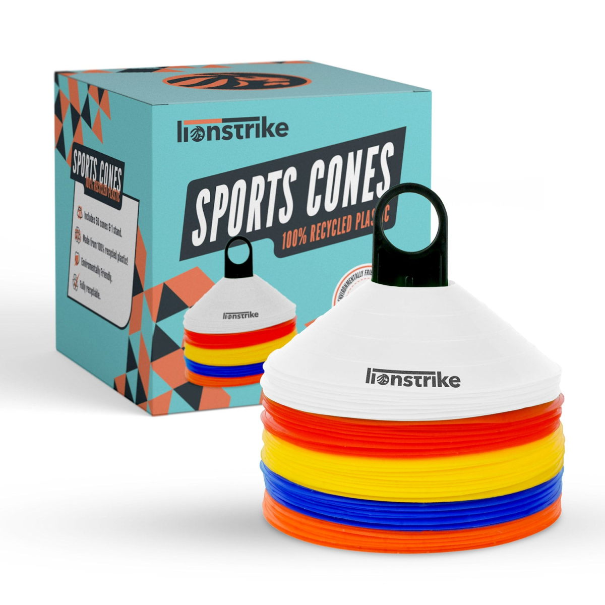 Lionstrike Football / Sports Cones Set - 50 Training Cones with Carry Stand