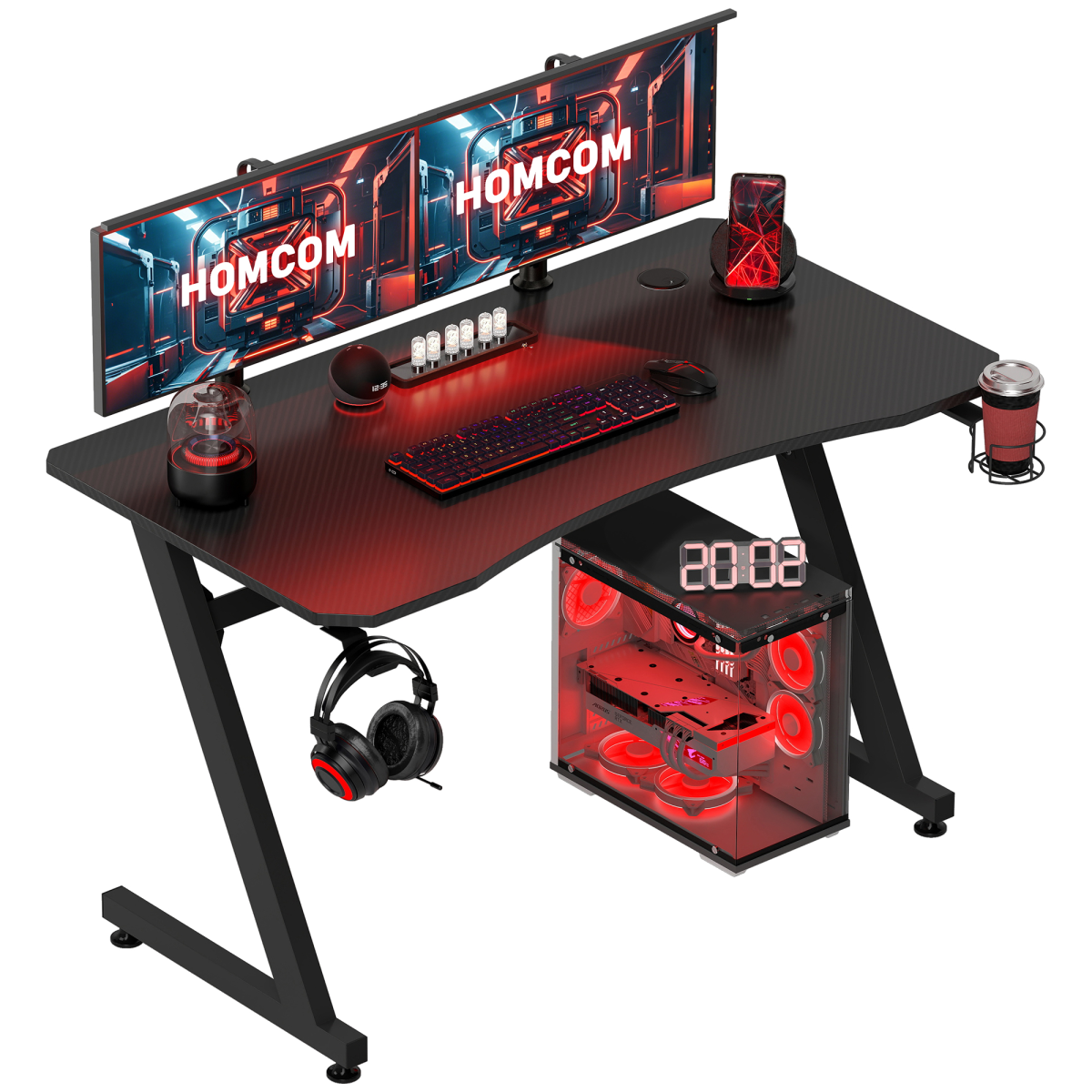 Gaming Desk Steel Frame with Cup Holder, Headphone Hook and Adjustable Feet, Black