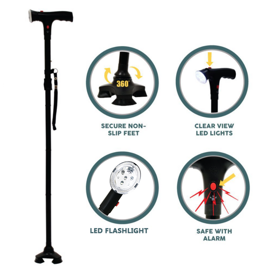 Camping Hiking Walking Stick Folding Walking Cane with LED Light and Alarm