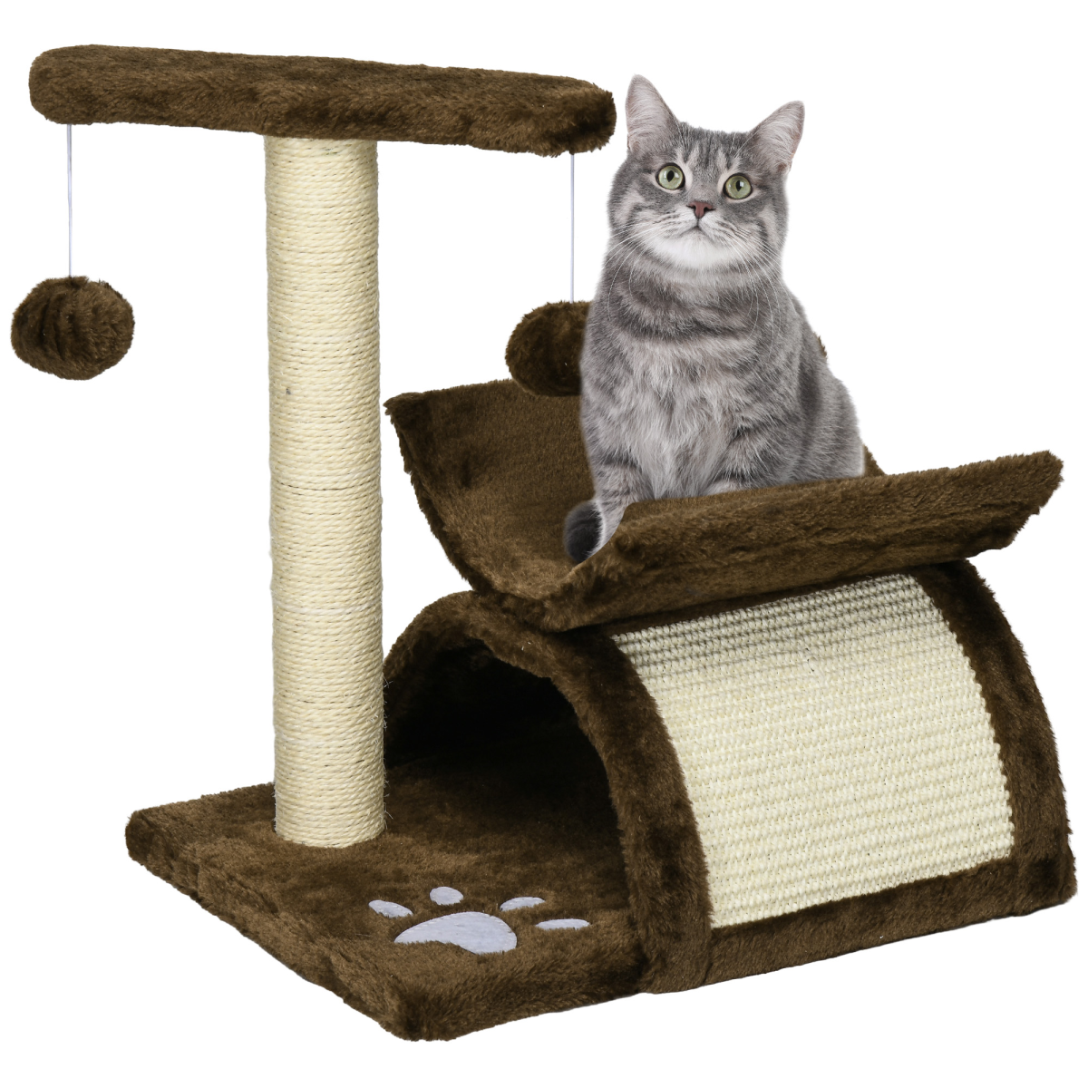 Cat Tree Plush Scratcher with Tunnel and Dangling Balls