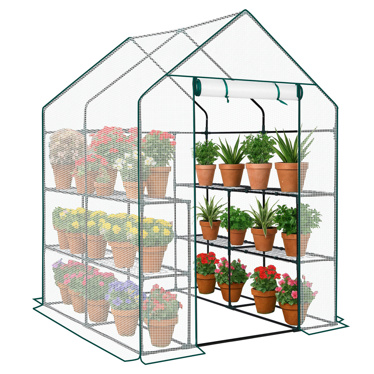 Mini Walk-in Greenhouse with PE Cover, 8-Shelf, 56" x 56" x 77", White